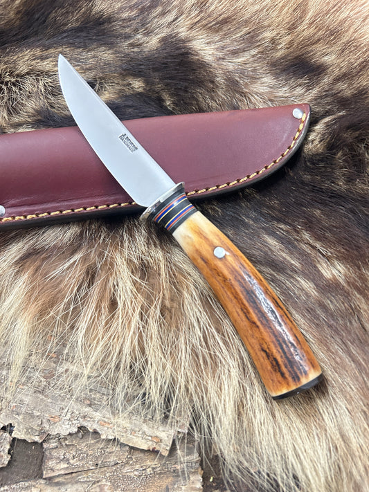 Treeman Trout Knife AEB-L Sambar Stag Carver Mammoth Ivory Butt Cap pouch sheath