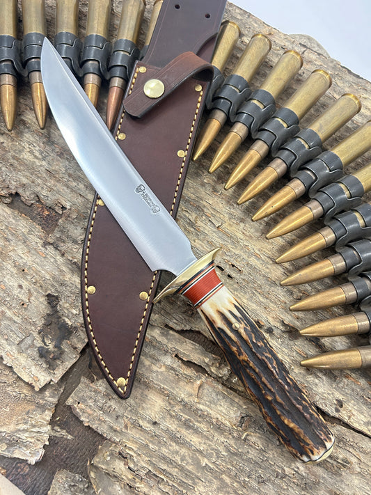 Treeman 8" Old School Springfield style Fighter Killer Sambar Stag Rough back riveted sheath .