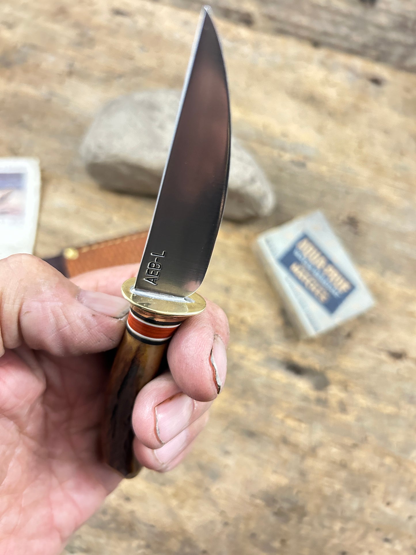 Trout Knife AEB-L  120 Year Old Stag Mammoth Butt cap Beavertail sheath