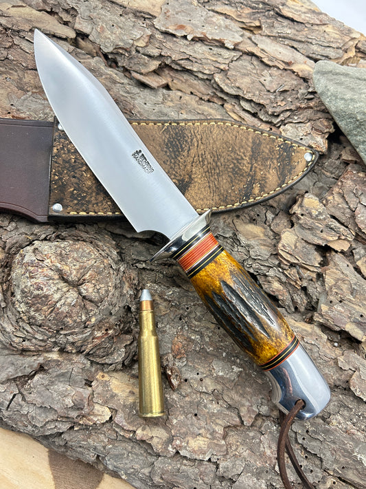 Treeman Special Hunter 6" AEB-L Stainless NS Sambar Stag Aluminum Crows beak butt. Giraffe sheath.