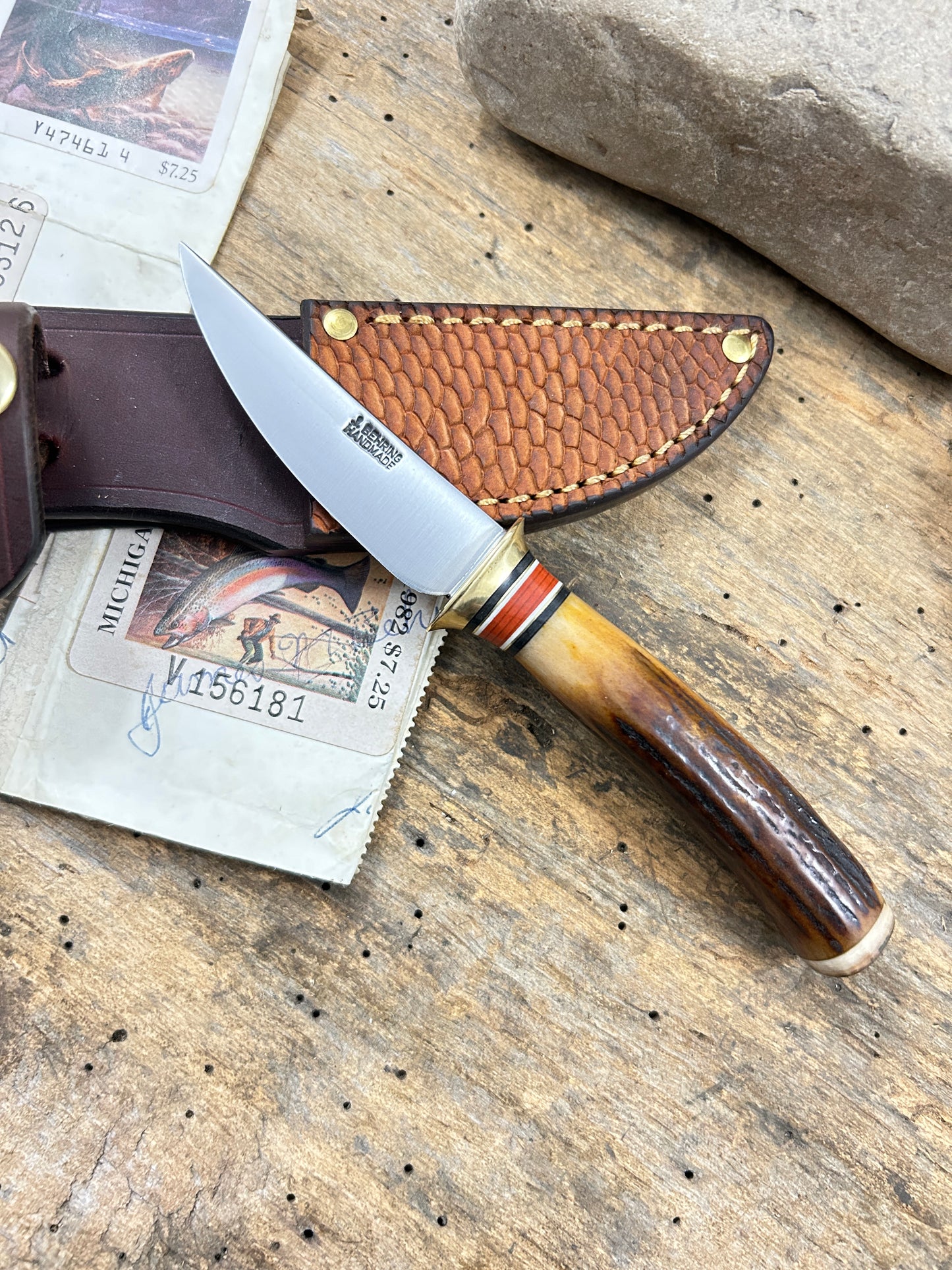 Trout Knife AEB-L  120 Year Old Stag Mammoth Butt cap Beavertail sheath